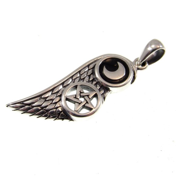 Solid 925 Sterling Silver Angel Wing with Crescent Moon & Pentacle Star Pendant - Picture 4 of 5